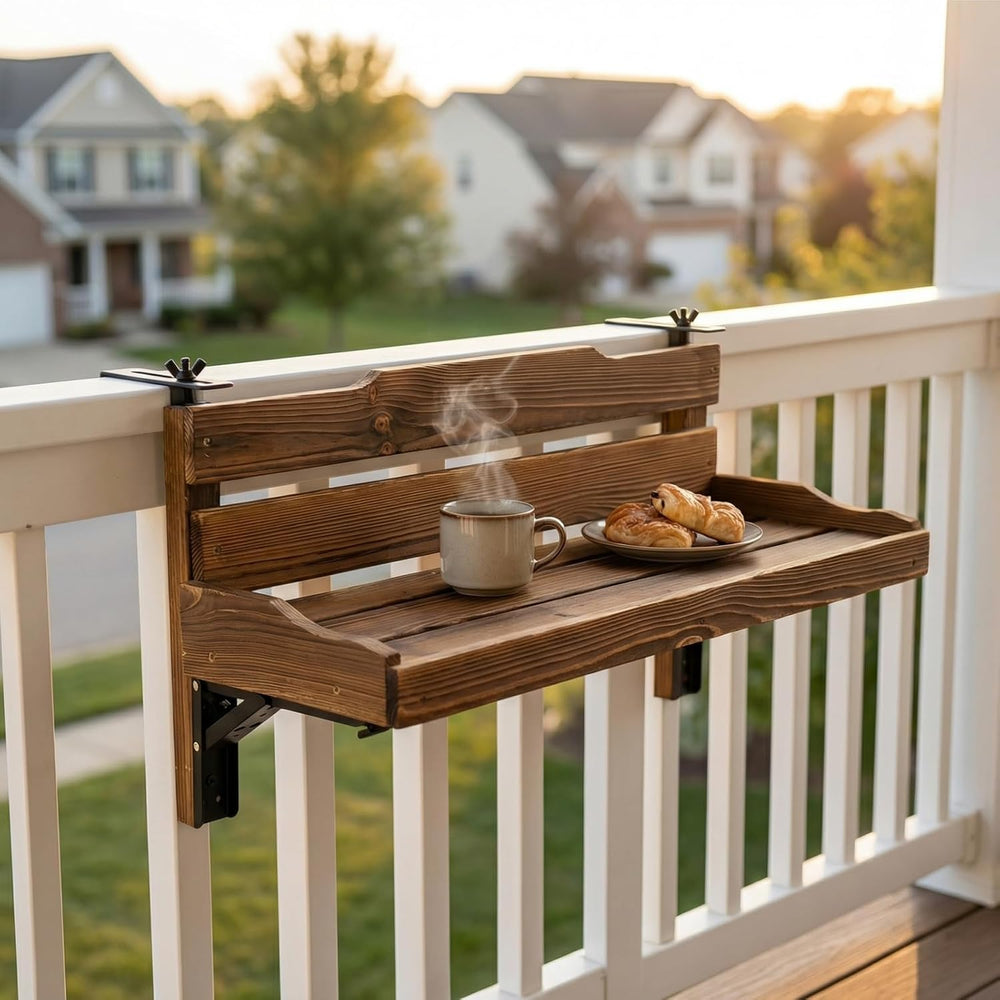 Folding Balcony Railing Table, Solid Wood Balcony Hanging Table, Railing Plan...