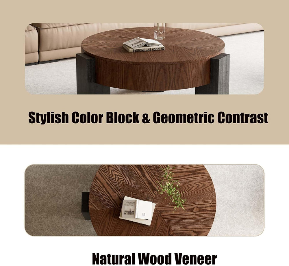 Round Coffee Table with Hidden Storage & 3 Block Legs