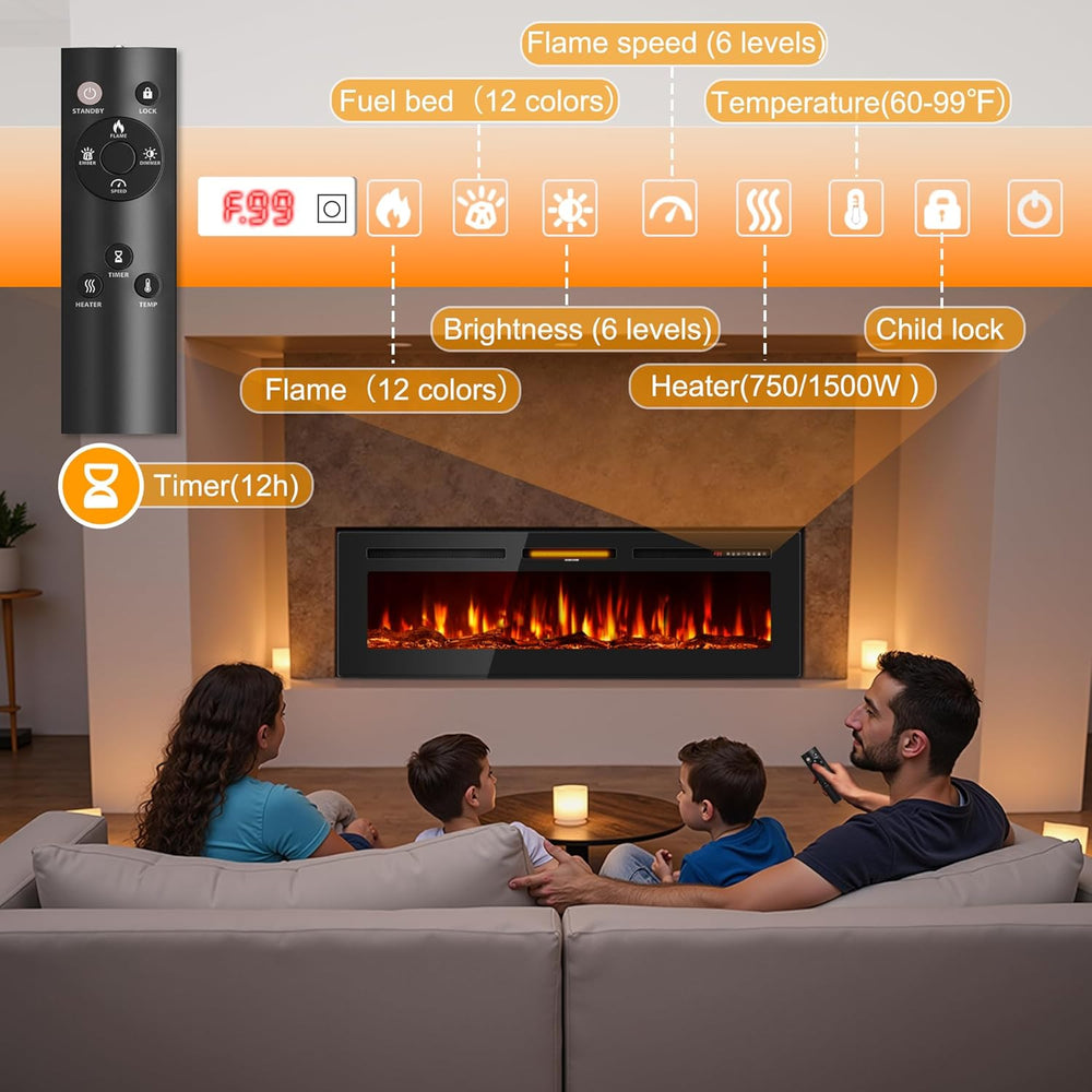 Tehanld 60" Ultra-Thin Electric Fireplace Heater, Recessed Wall Mounted