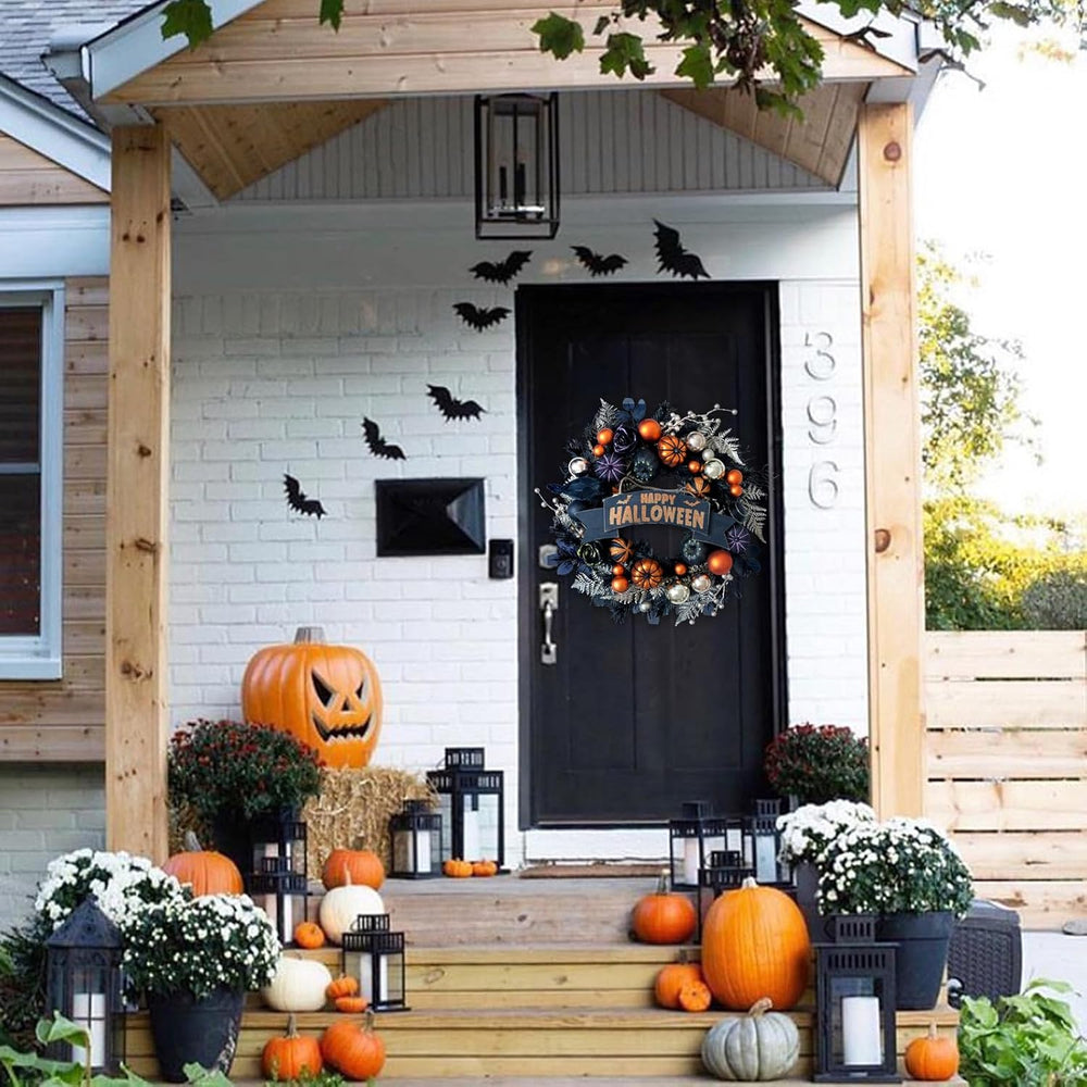 24“ Halloween Black Glitter Pumpkin with Balls Wreath for Front Door
