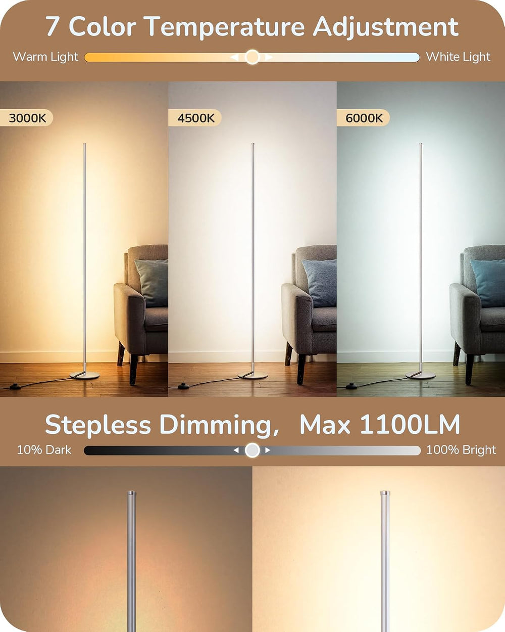 EDISHINE 2 Pack 57.5” Corner Lamp with Remote, Stepless Dimmable & 7 CCT