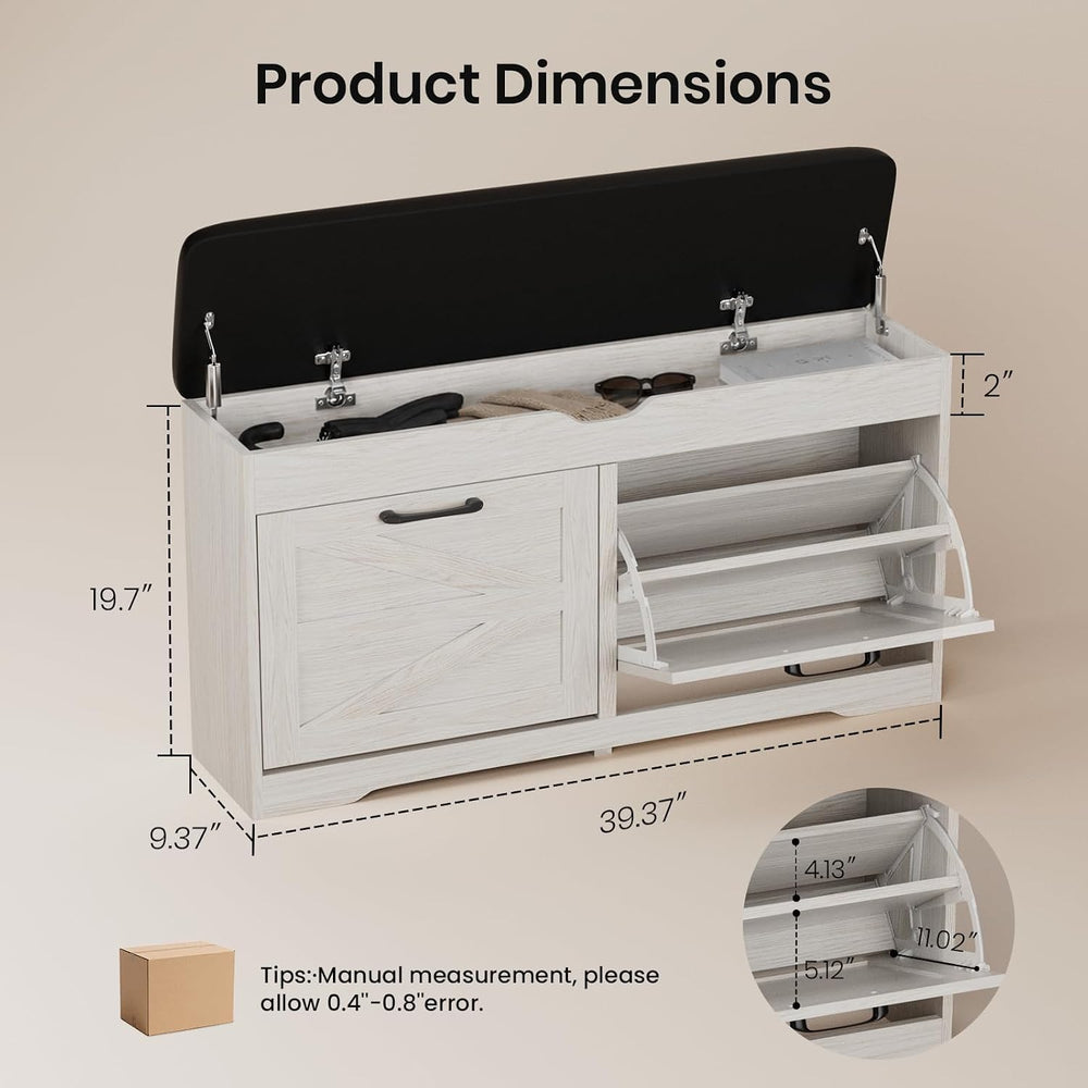 39" Shoe Storage Bench with Seat Cushion, Wood, Ash White