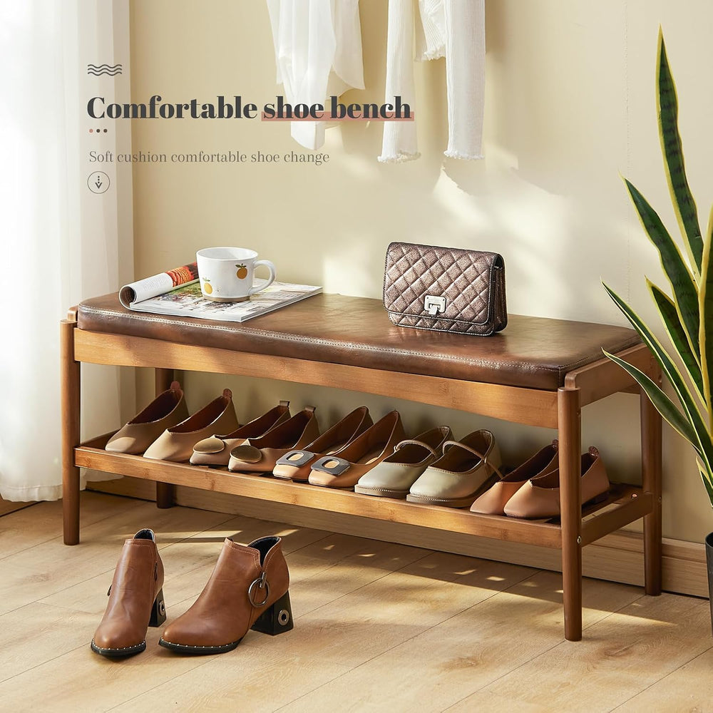 STDDRE Shoe Rack Bench Entryway Bamboo Shoe Storage Bench with Leather Cushio...