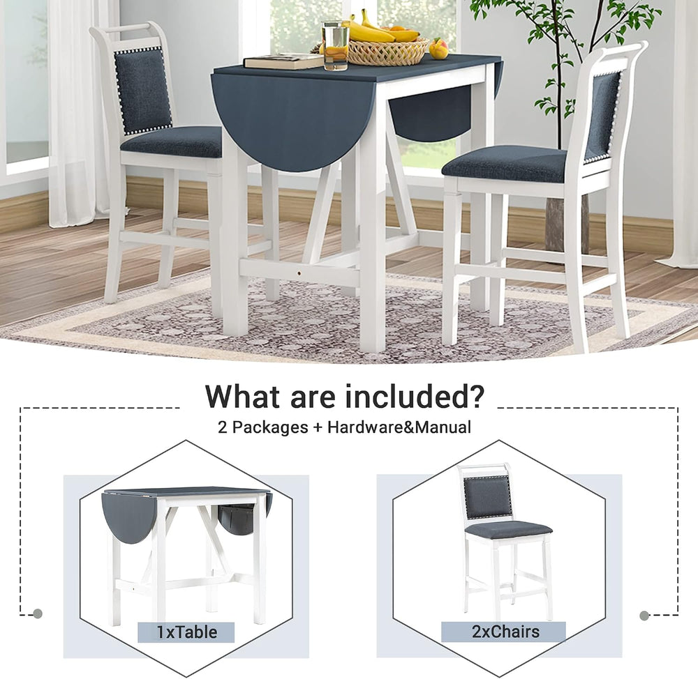 Linique 3-Piece Drop Leaf Dining Table Set with 2 Upholstered Chairs, Wood Co...