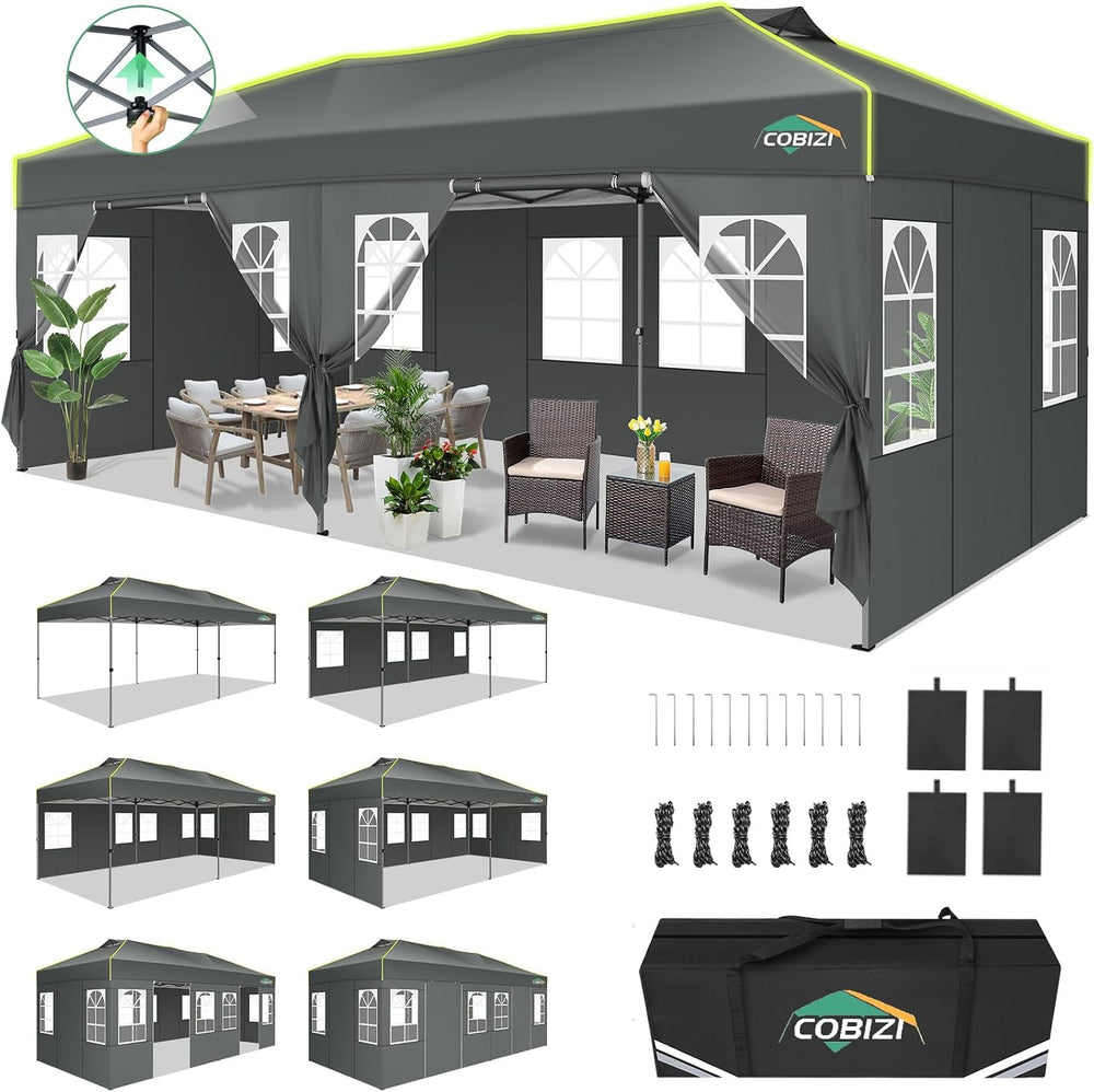 COBIZI 10x20 Pop Up Canopy Tent with 6 Removable Sidewalls, Outdoor, Gray