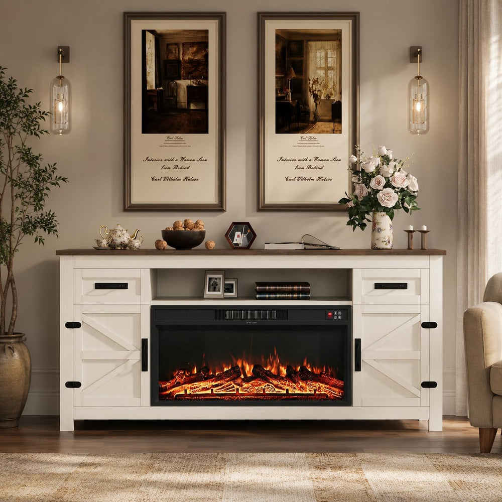 Fireplace TV Stand with Barn Door, 70 inch, White