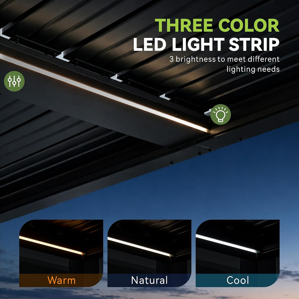 Aoxun Motorized Louvered Pergola 9'x12' with LED Lights & Power O...