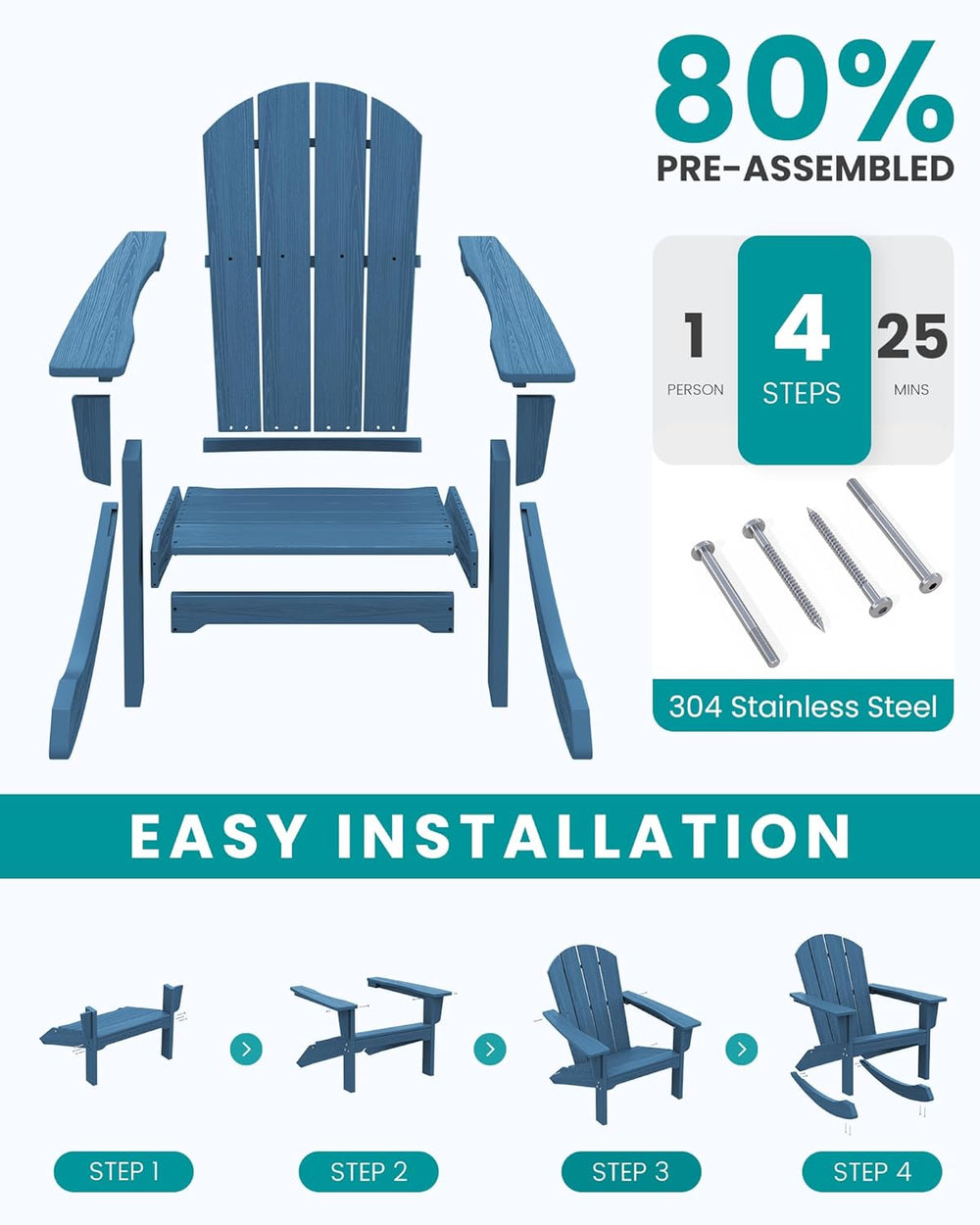 SERWALL Outdoor HDPE Adirondack Rocking Chair, All-Weather, Navy