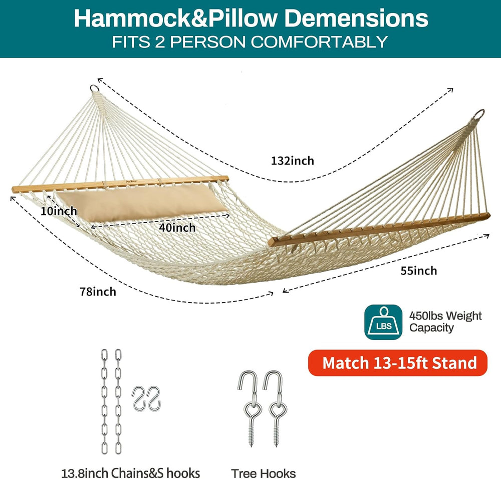 JoyView Traditional Rope Double Hammock - Hand Woven Cotton Hammock with Hard...