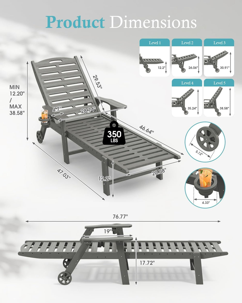 Ciokea Outdoor Chaise Lounge Chair, 5-Position Adjustable, Grey