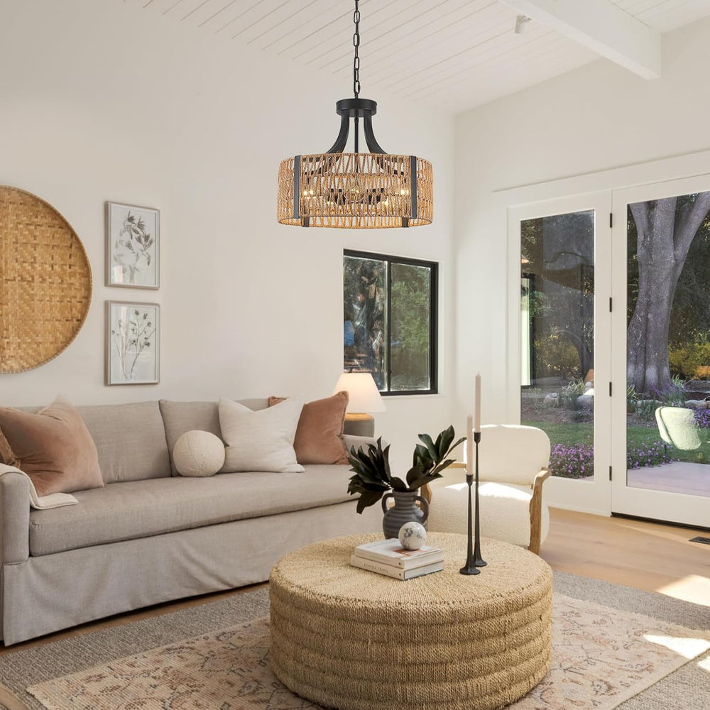 Farmhouse Chandeliers for Dining Room, 5-Light 17.7”Rattan Light Fixture with...