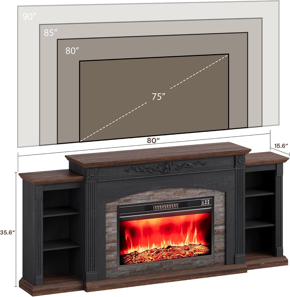 80" Electric Fireplace TV Stand for TVs Up to 90" with Mantel, Black
