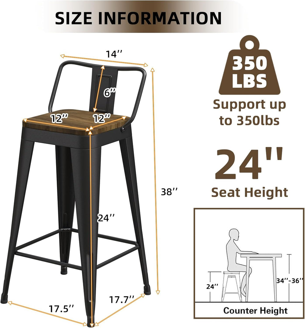Black Bar Stools Set of 4, Metal Bar Stools with Wooden Seat, Modern 24”Count...