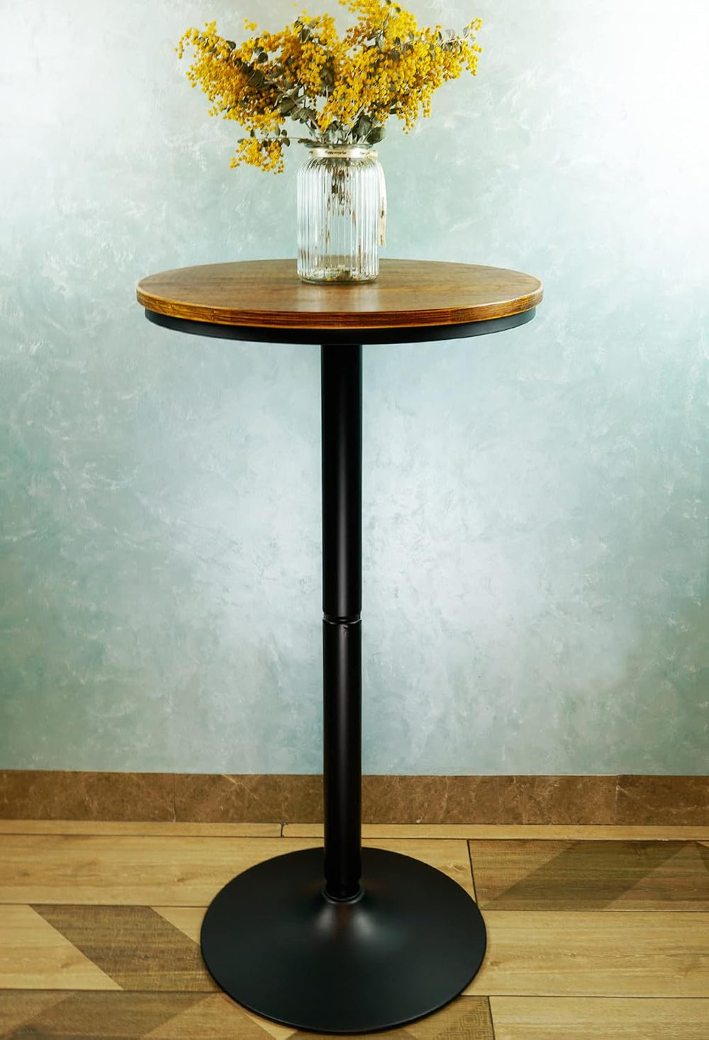 Round Bar Height Bistro Pub Table - Natural Wood Top, Heavy Metal Frame, 21.7...