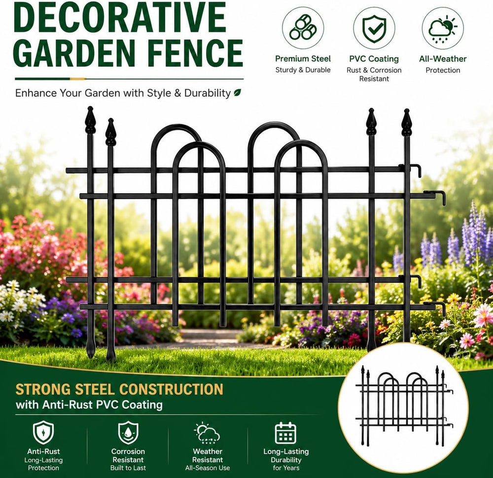 Metal Garden Fence Panels 18'' H x 22'' W, 14.6 Ft Total Leng...