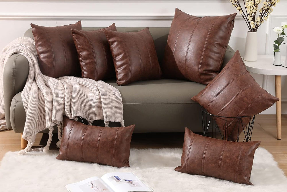 Yaertun Set of 2 Faux Leather Stripe Decorative Throw Pillow Covers Modern So...