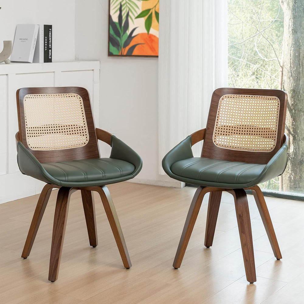 Set of 2 Green Rattan Dining Chairs - Mid Century Modern Dining Chairs with W...