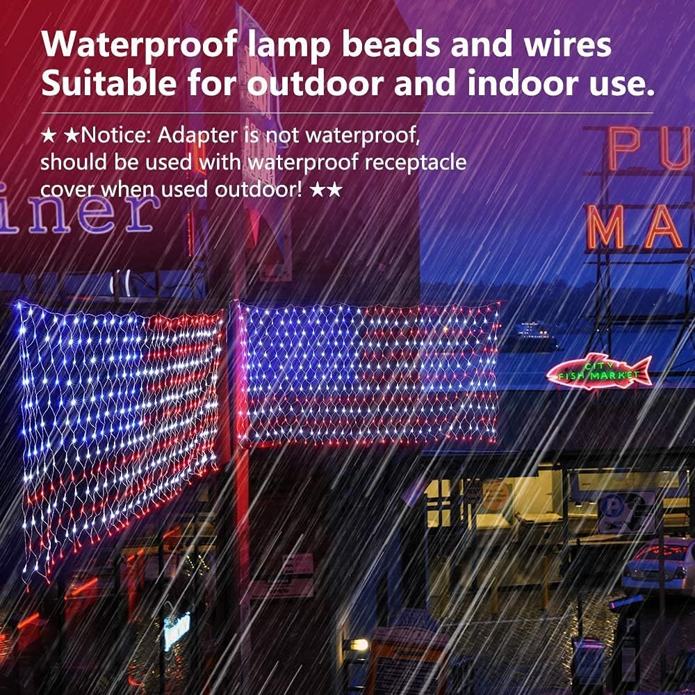 American Flag String Lights, 420 LED USA Flag Net Light Waterproof Patriotic ...