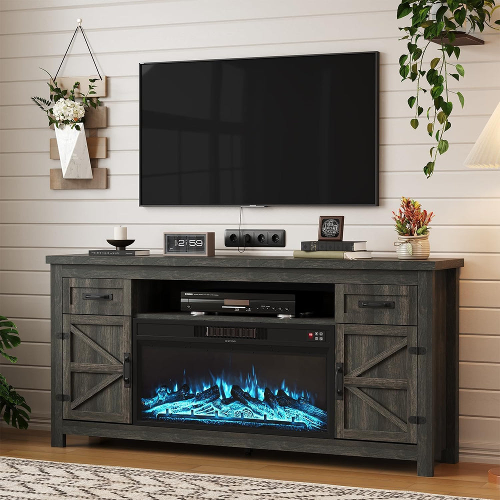 Fireplace TV Stand with Barn Door, 70 inch, Gray