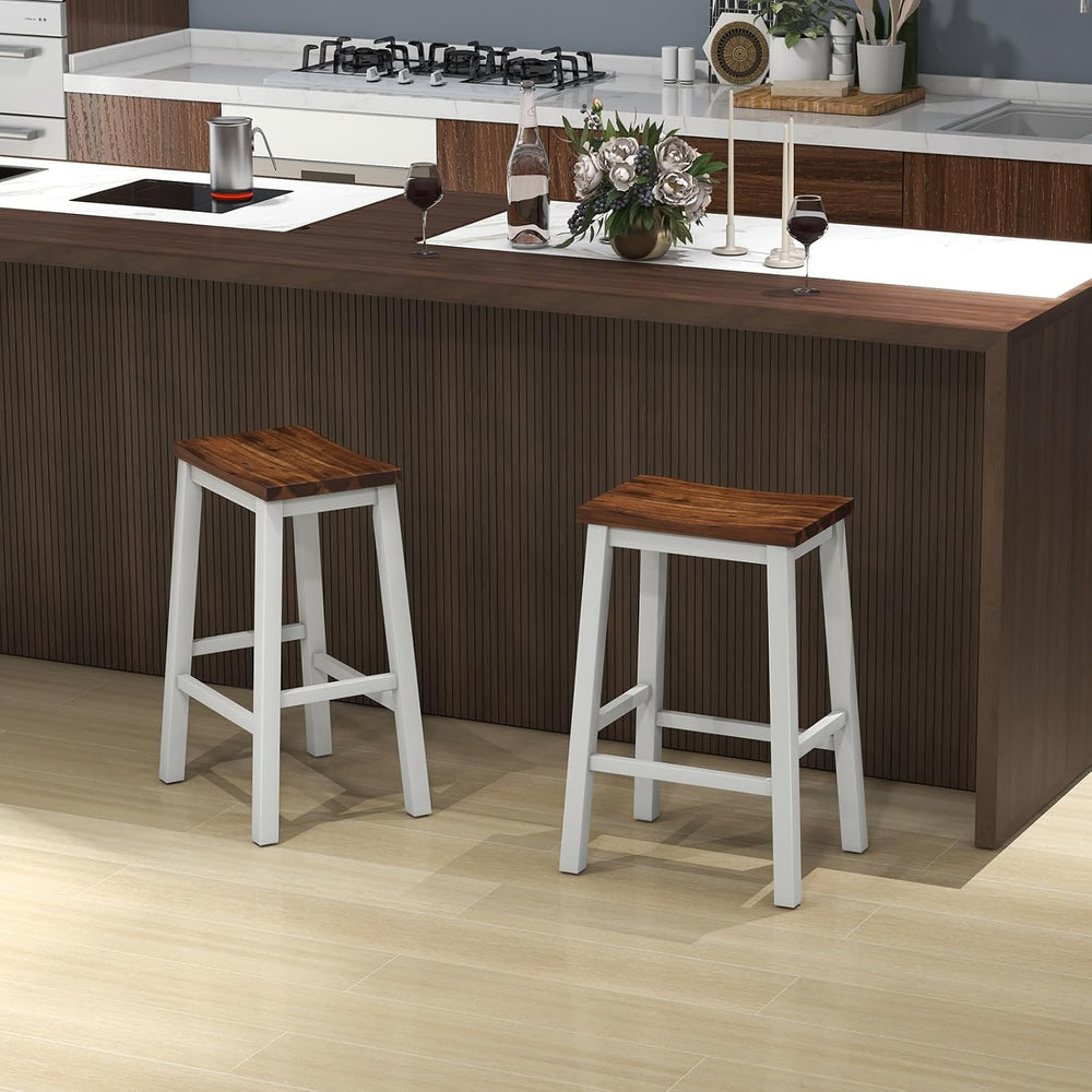 COSTWAY 24.5 Inch Bar Stools Set of 2, Solid Wood Saddle Stools w/Footrests, ...