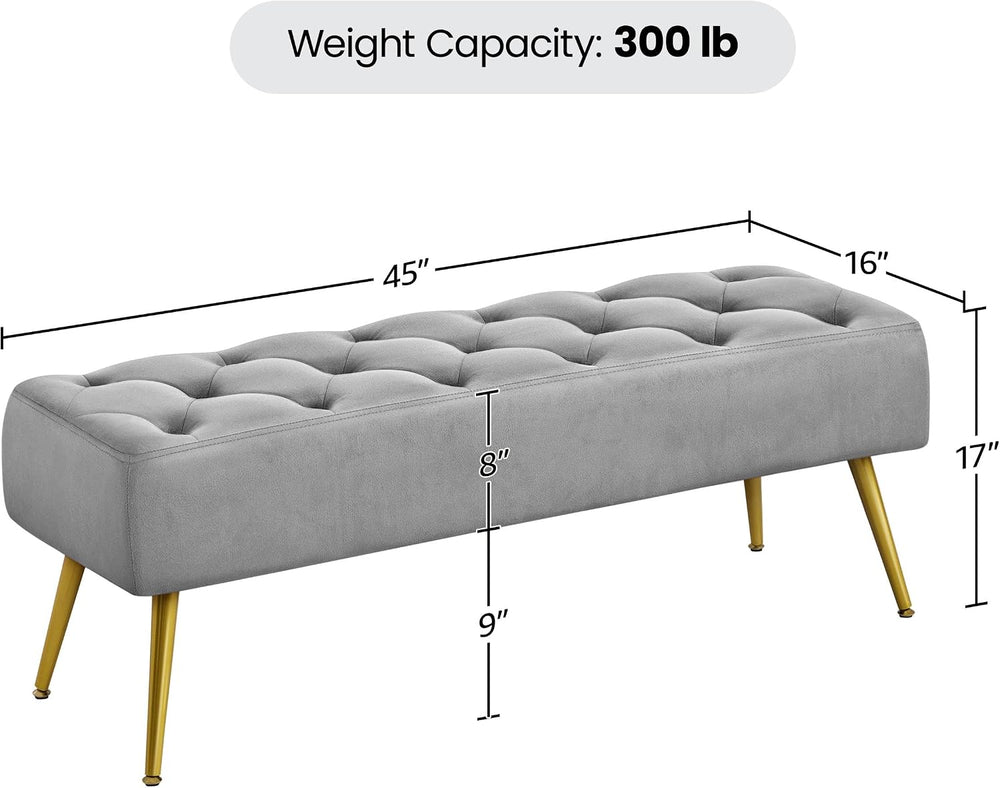 Yaheetech 45in Upholstered Velvet Ottoman Bench Seat with Gold Legs, Gray