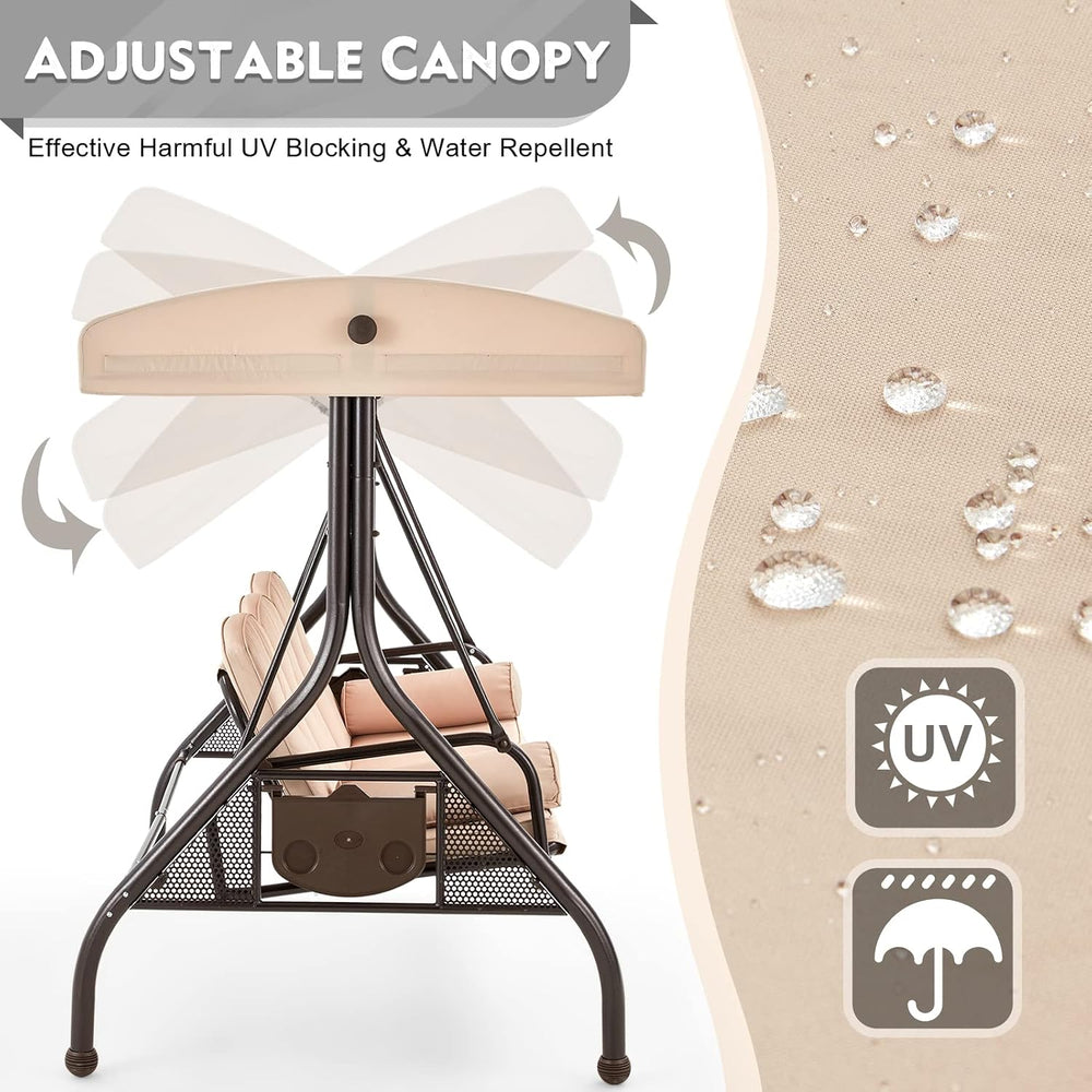 HOMREST 3 Seat Porch Swing with Adjustable Canopy, Patio Swing with Stand