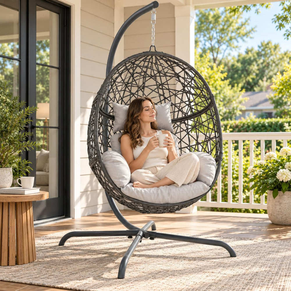 NICESOUL Swing Egg Chair with Stand, Bird Cage Patio Hanging Chair with Cushi...