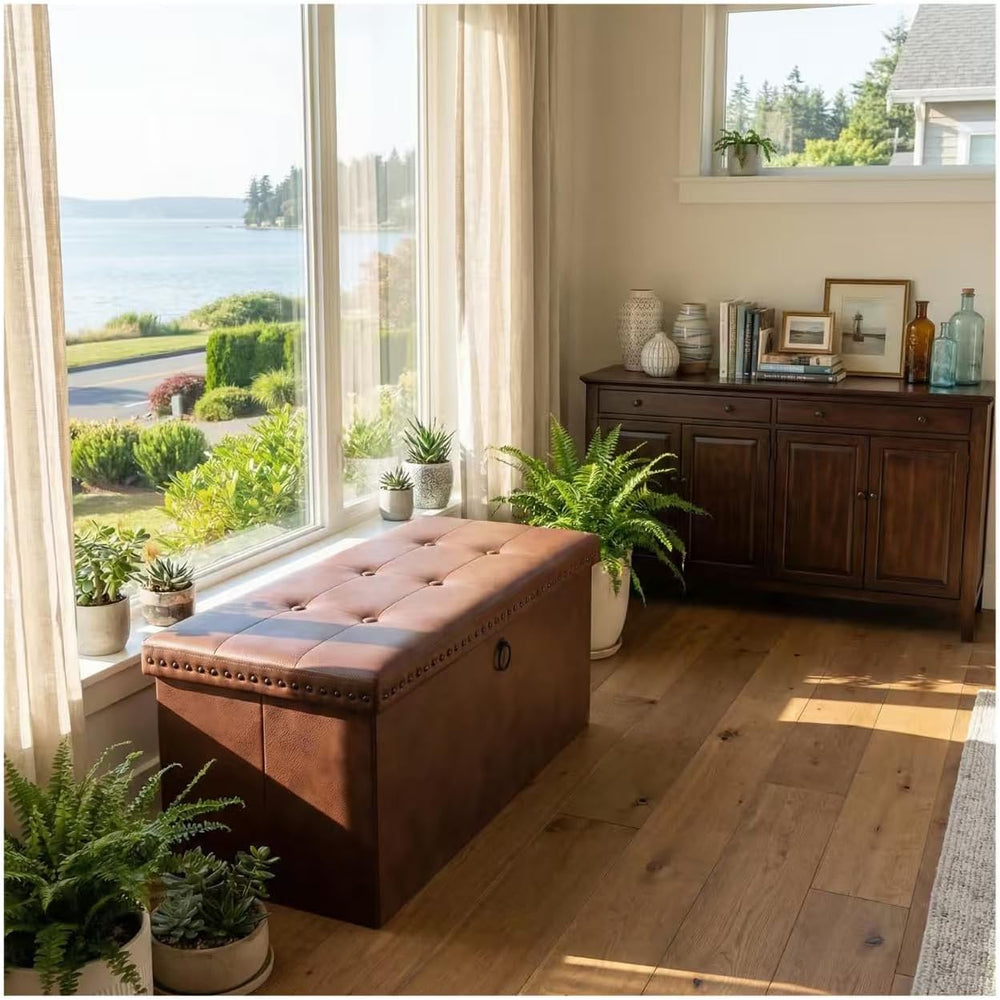 Storage Ottoman, Ottoman Faux Leather Bench, Rectangular Storage Ottoman for ...