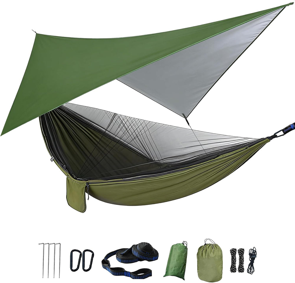 Camping Hammock with Rain Fly Tarp Mosquito Net Heavy Duty Tree Straps Portab...