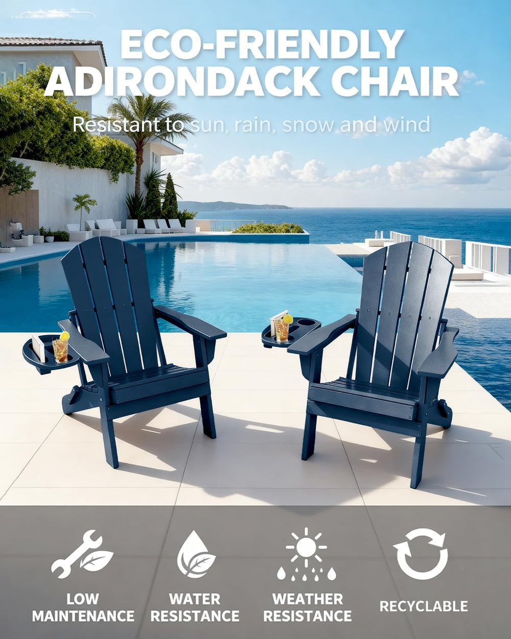 NAVINE Folding Adirondack Chairs Set of 4 with 4-in-1 Cup Holder, Navy Blue