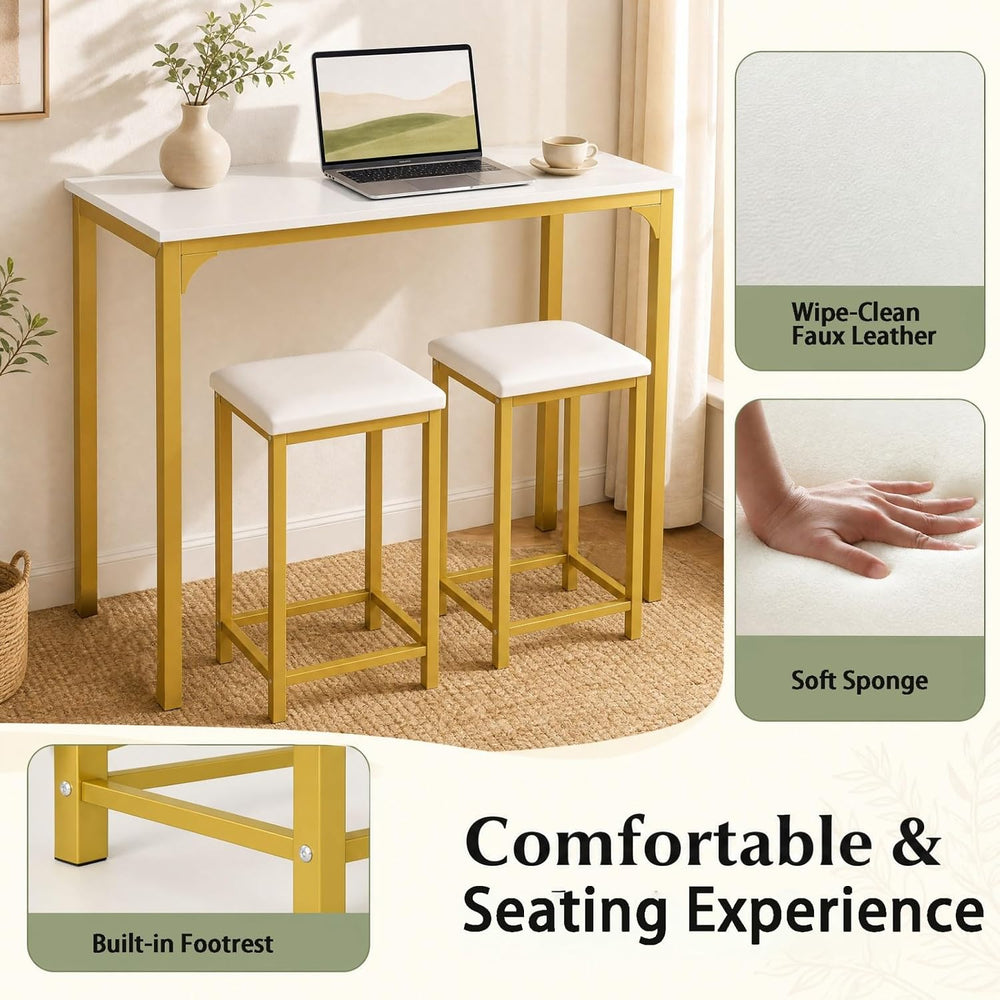 COSTWAY Dining Table Set, Counter Height Table & 2 Upholstered Stools