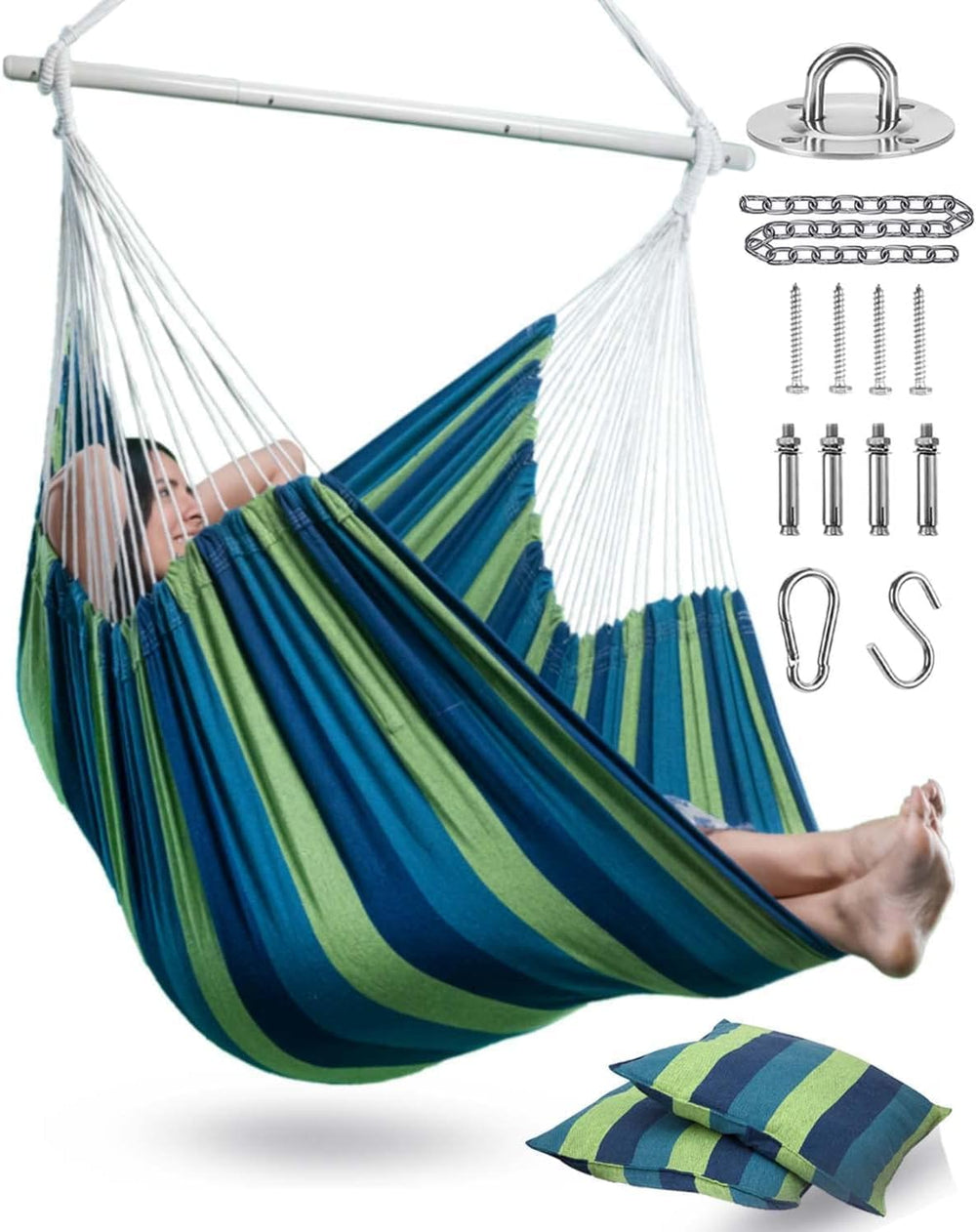 Lulladle 70.9"L XXL Hammock Chair Swing w/2 Cushions & Hardware Kit,...