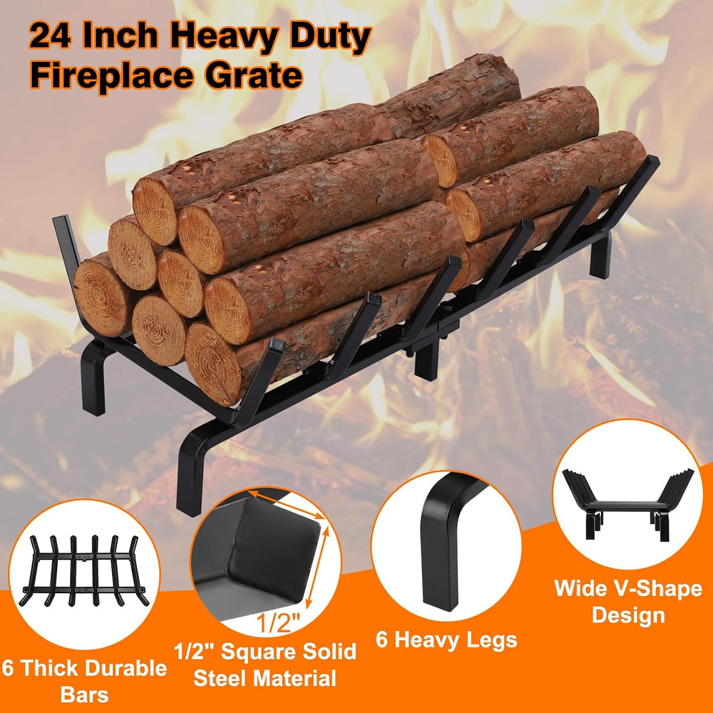FEED GARDEN 24 Inch Fireplace Grate, 1/2" Solid Steel Log Holder