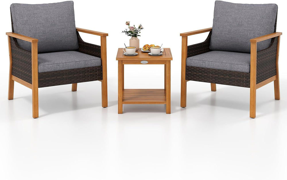 Tangkula 3 Pieces PE Wicker Patio Bistro Set (Gray)