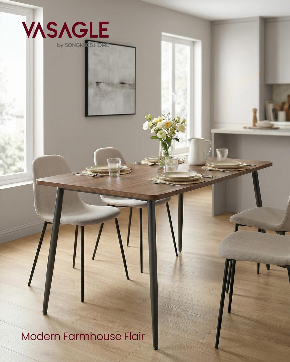 VASAGLE 55.1" Dining Table for 4-6 People, Modern Kitchen Table