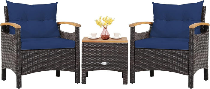 Tangkula 3-Piece Patio Furniture Set, Patiojoy Outdoor Rattan Sofa Set with Coffee Table, Patio Conversation Set with Removable Cushion, Cozy Acacia Wood Armrests for Backyard, Poolside (Navy)