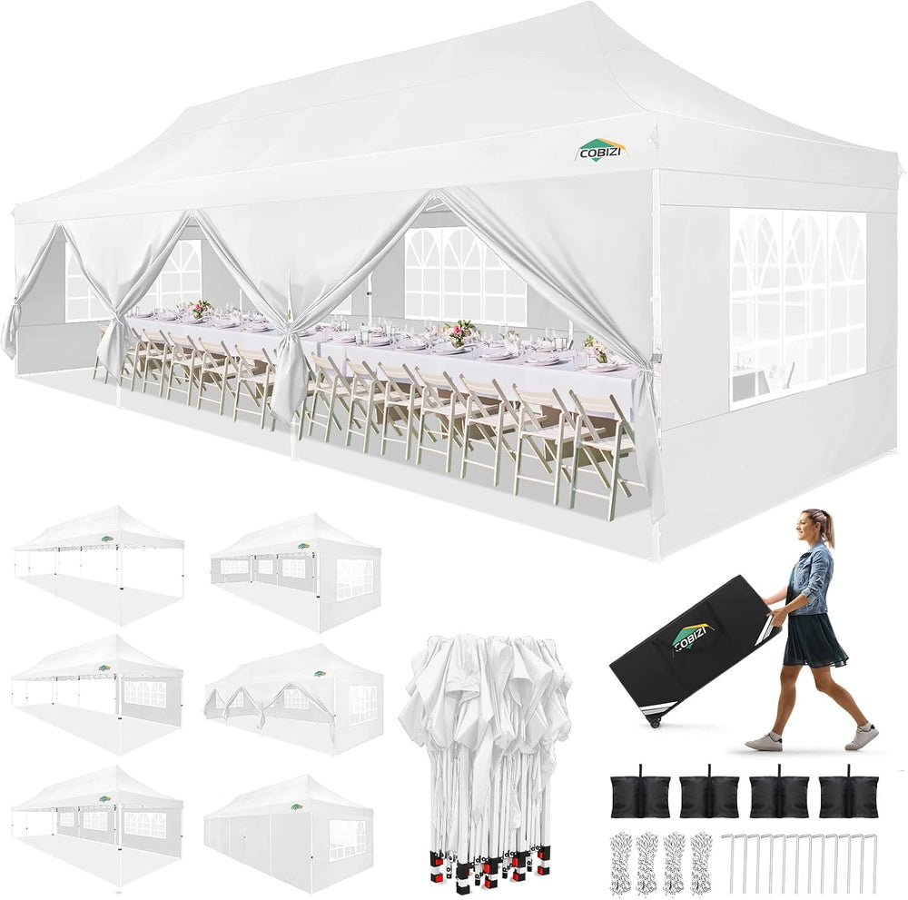 COBIZI 10x30 Pop up Canopy Tent for Parties, Roller Bag,8 Walls,4 Sandbags