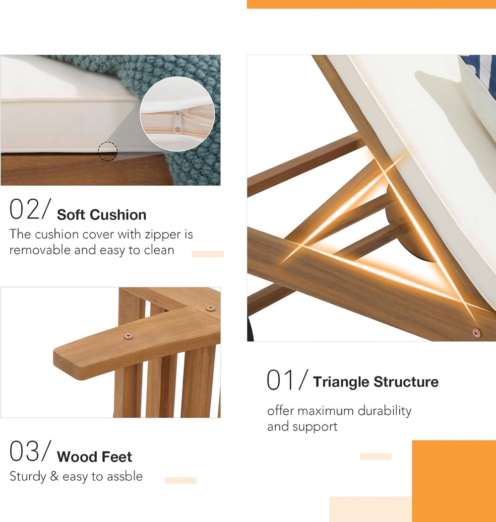 Patiorama Patio Acacia Wood Chaise Lounge Chair, Pool Chair, Cream