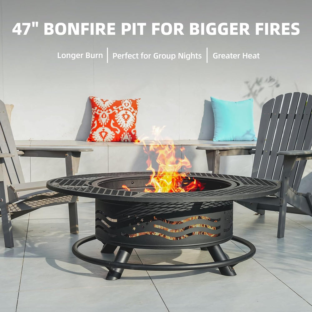 Panovue 47 Inch Fire Pit with 2 Cooking Grates and Table Lid