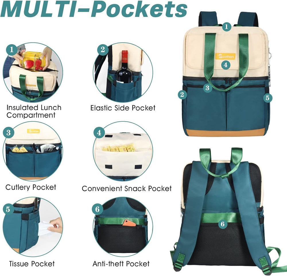 Scothen Backpack Cooler with Double Decker & 12 Ice Packs- Keeps 36 Cans ...