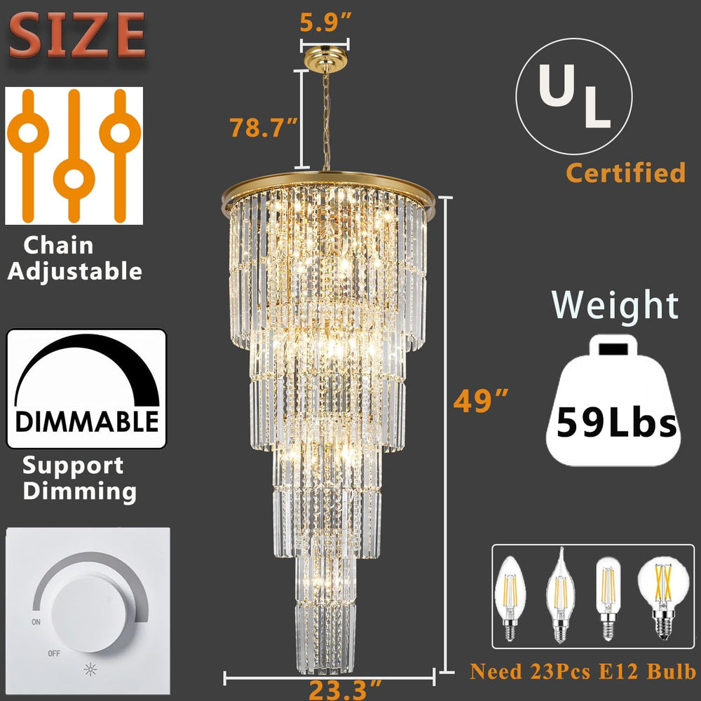 Gold Long Crystal Chandelier for High Ceiling, H49 inch Modern Large Chandeli...
