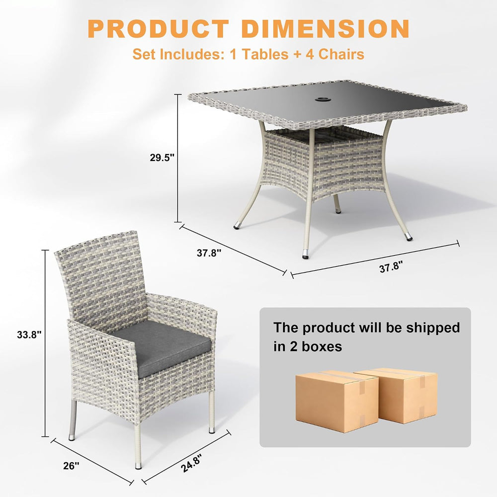 5 Piece Outdoor Patio Dining Set with Glass Table and Wicker Chairs
