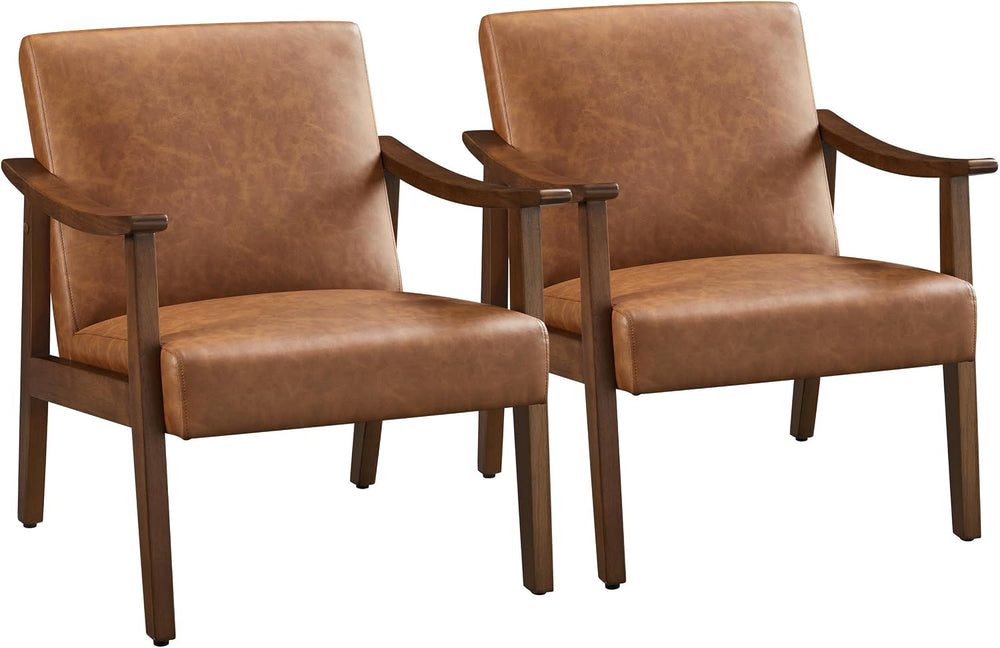 Yaheetech Accent Chairs Set of 2, Mid-Century Faux Leather Armchairs Brown