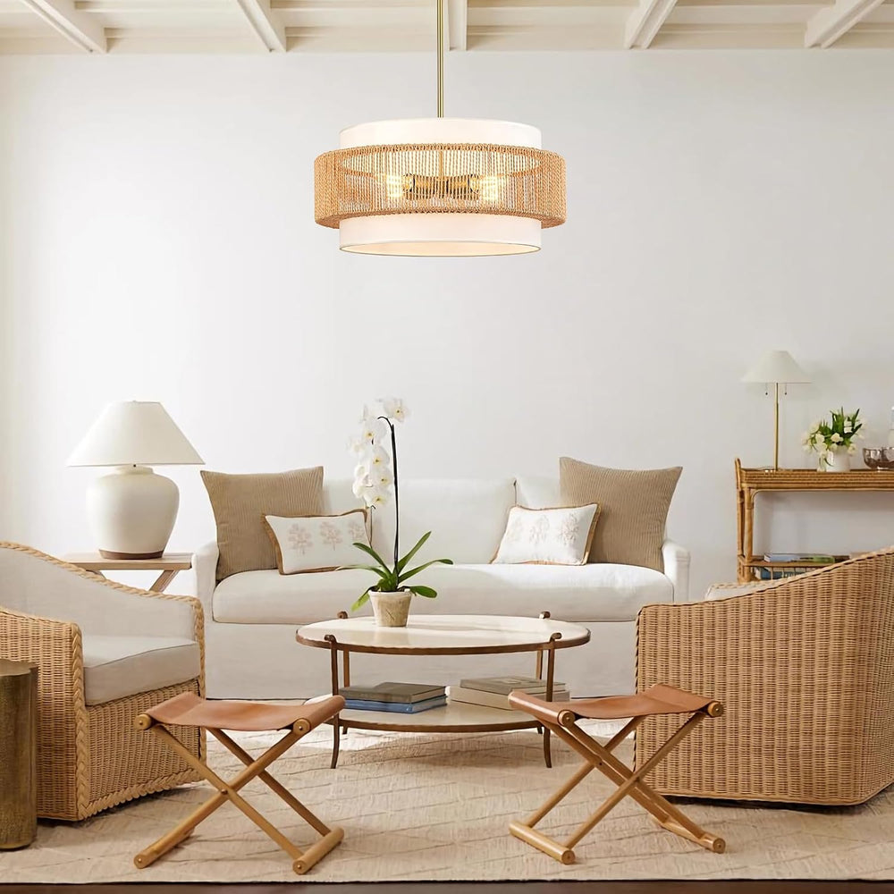 4-Light Rattan Chandelier for Dining Room, 19.7" Boho Pendant Light Fixture