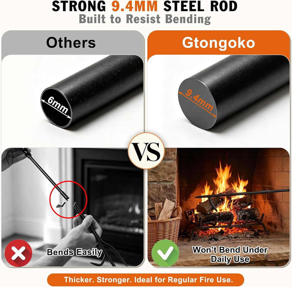 Gtongoko 5-Piece Fireplace Tools Set with Stand, Solid Steel, Black