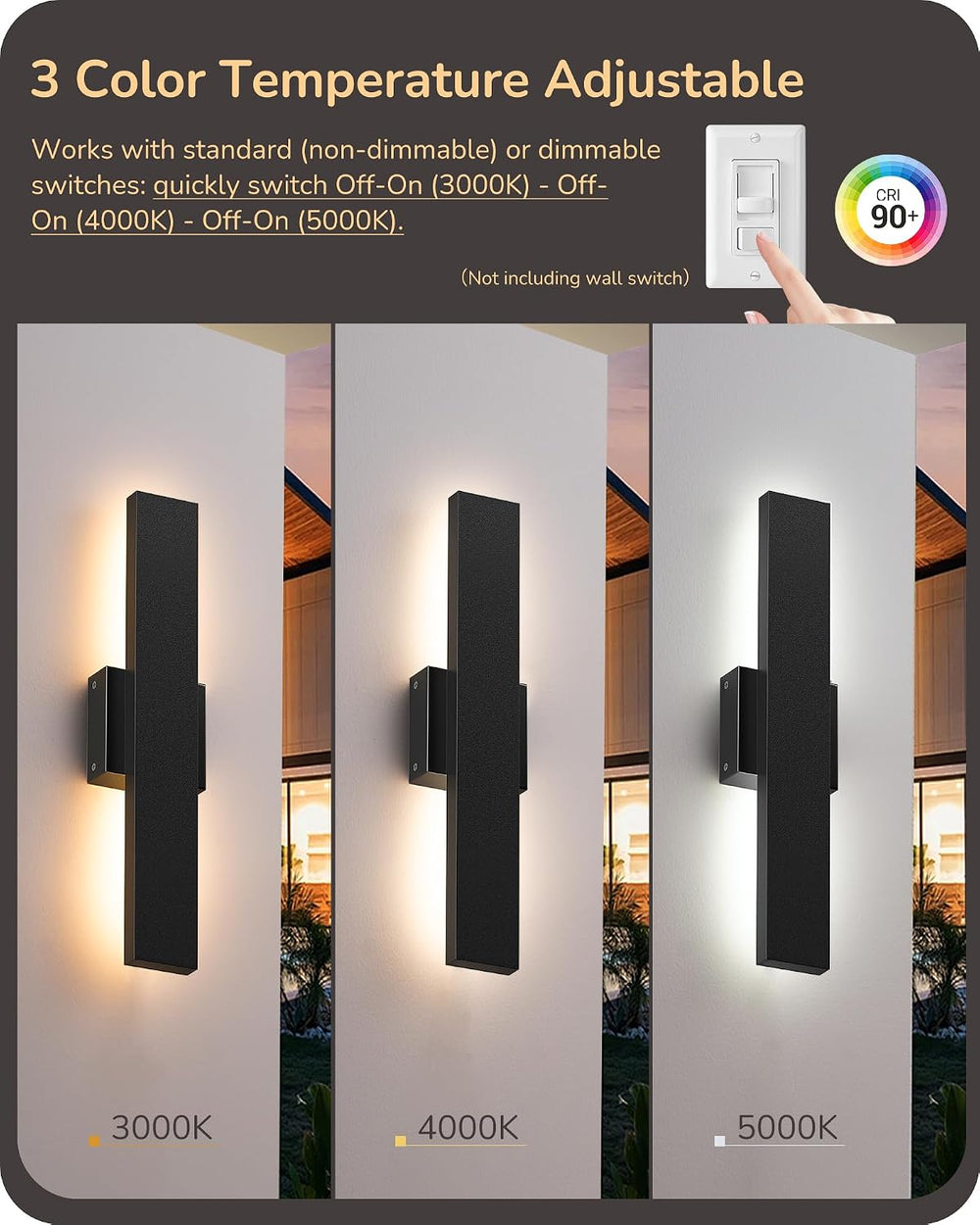 EDISHINE 2 Pack LED Outdoor Wall Lights, 15.7" Modern Black Outdoor Sconce