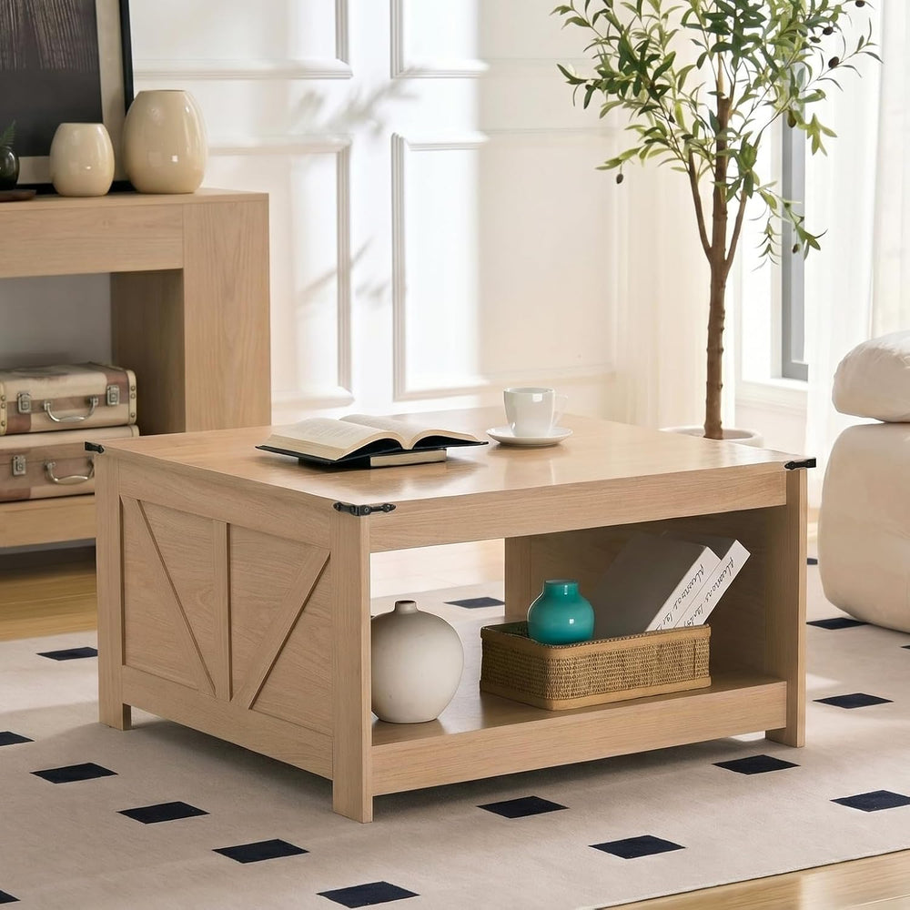 OKYCI Farmhouse Coffee Table for Living Room, Wood Square Coffee Tables, 31.5...