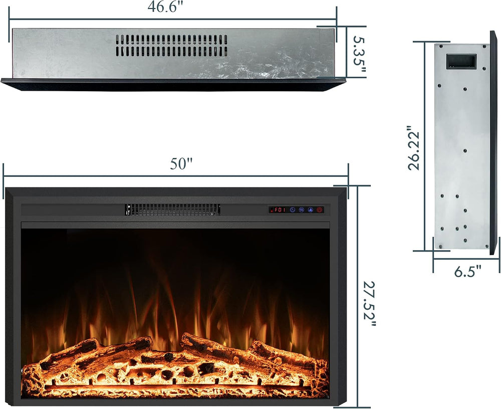 50" Width Electric Fireplace Inserts with Adjustable Flame Colors, Firep...