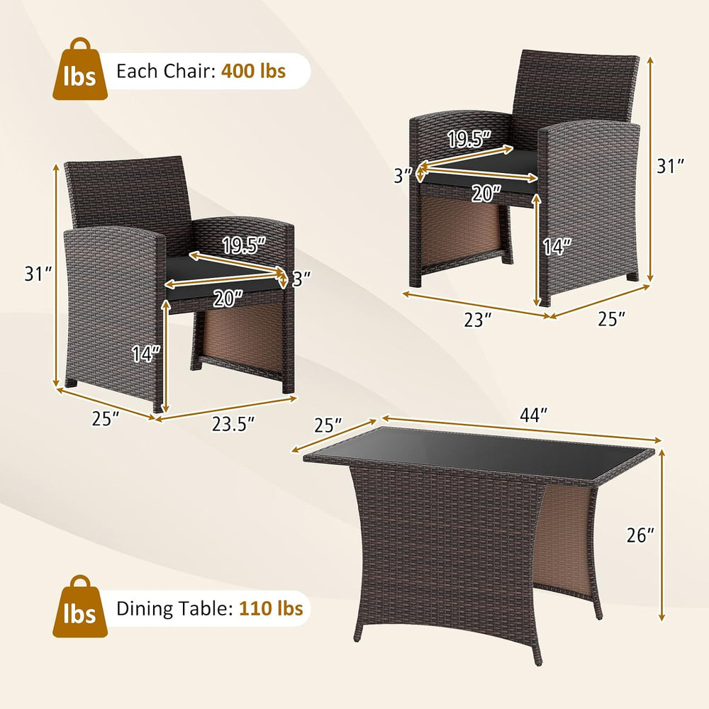 HAPPYGRILL 3 Pieces Patio Wicker Dining Set, Balcony Furniture Set w/Tempered...