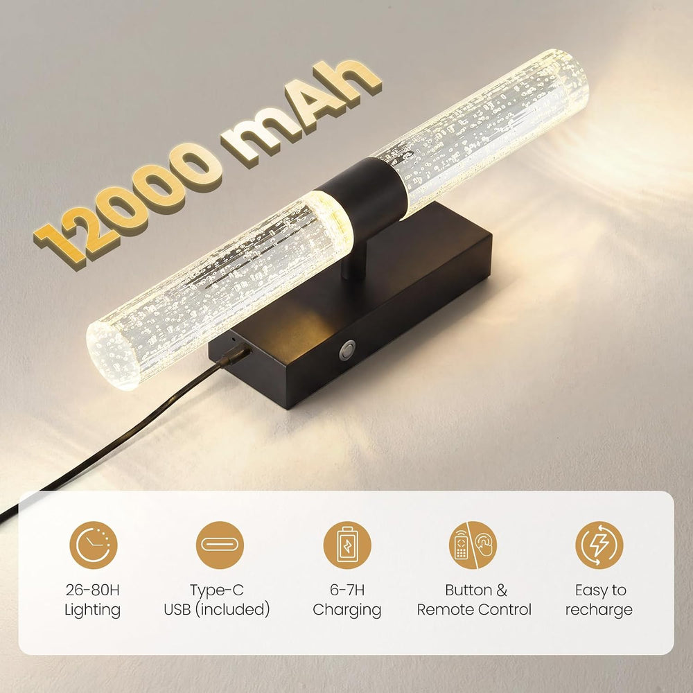 Battery Operated Wall Sconces Set of 2, 12000mAh Black Rechargeable Wall Ligh...